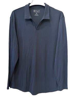 BYLT Polo Shirt Mens XL Navy Blue Ribbed Open V Long Sleeve Modal Premium Basics